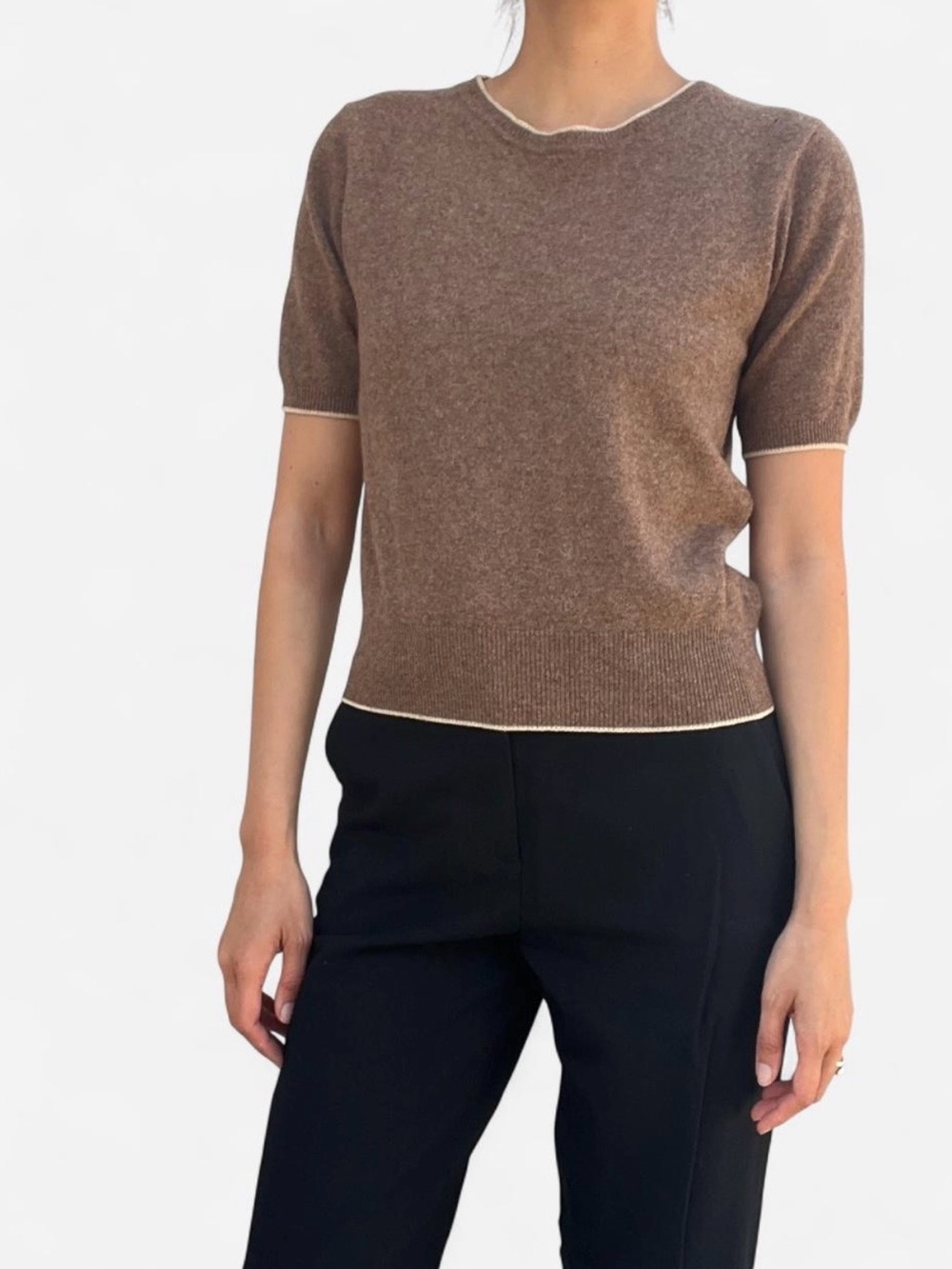 Brown Short Sleeve Sweater Top with Contrast Trim 100% cashmere Japanese made